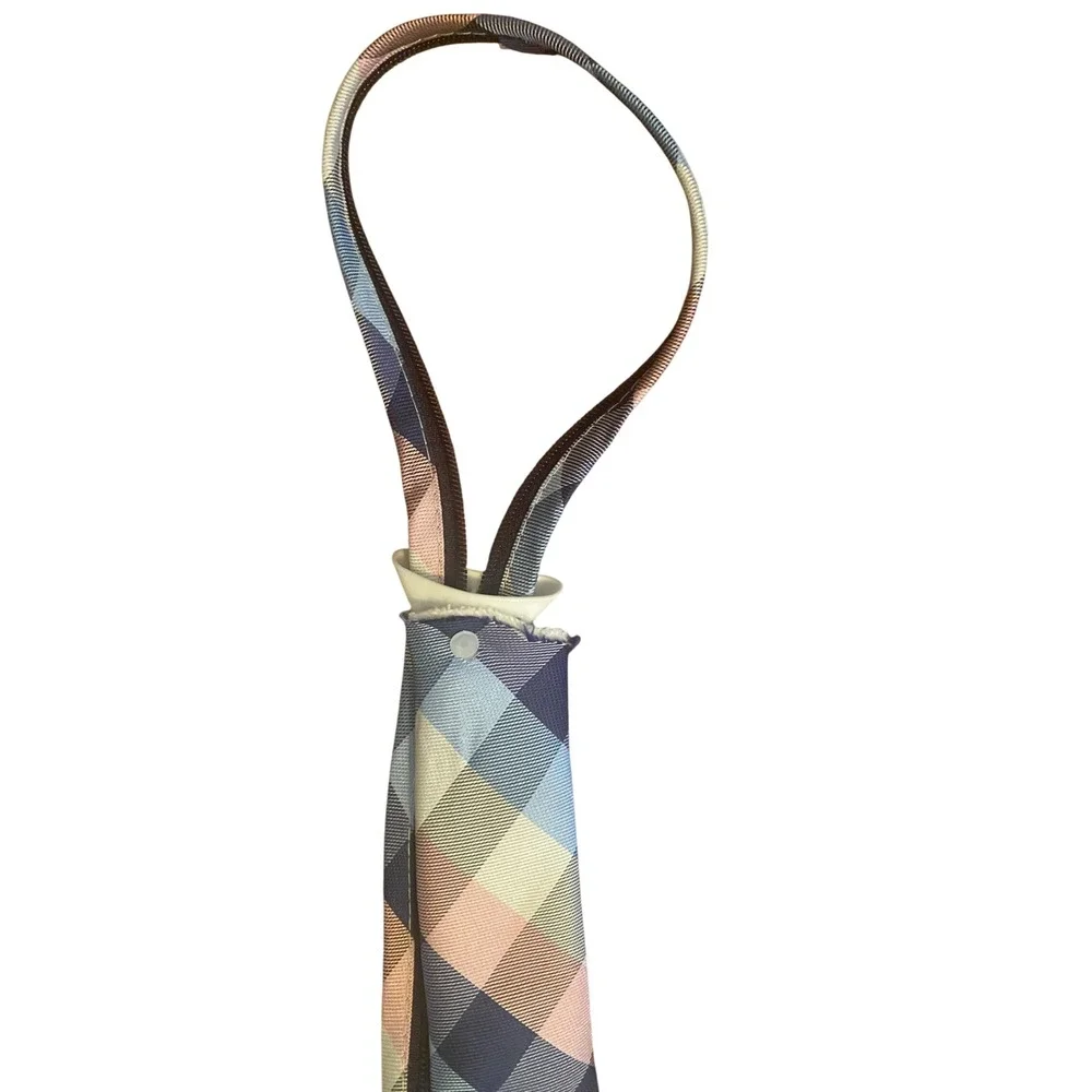 Tommy Hilfiger Boys Zipper Tie Blue Pink White Plaid Pre-Tied Adjustable Necktie